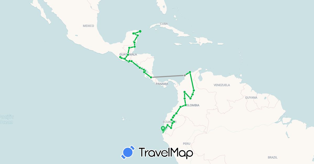 TravelMap itinerary: bus, plane in Belize, Colombia, Costa Rica, Ecuador, Guatemala, Mexico, Nicaragua, Peru, El Salvador (North America, South America)
